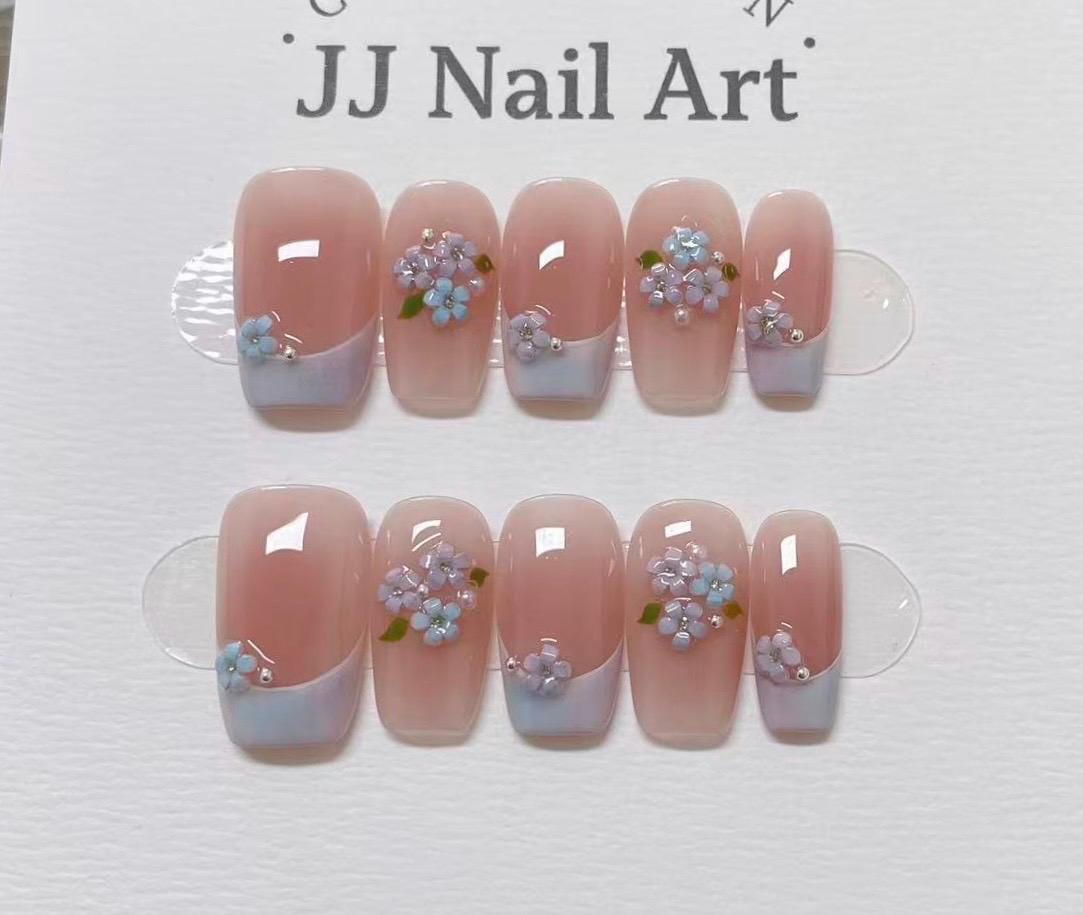 Blue Floral French Press On Nails: Reusable Custom Shape Set
