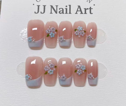 Blue Floral French Press On Nails: Reusable Custom Shape Set