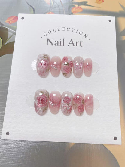 Hand Painted Pink Roses Press On Nails, Cat Eye Reusable False Nails