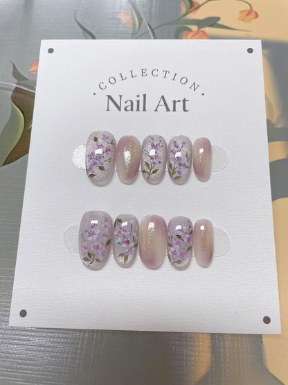 Cherry Blossom Cat Eye Press On Nails: Hand Painted Reusable Faux Nails