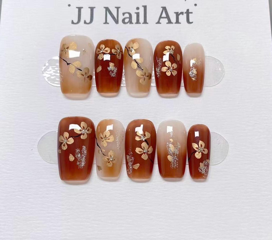 Gold Cherry Blossom Hand Painted Press On Nails: Custom Shape Reusable Nail Set