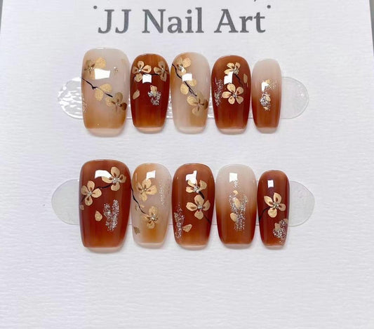 Gold Cherry Blossom Hand Painted Press On Nails: Custom Shape Reusable Nail Set