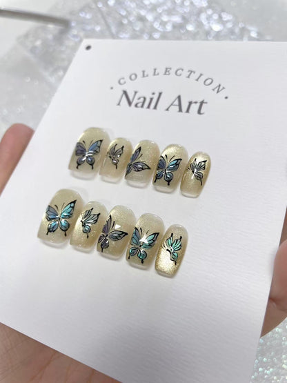 Butterfly Cat Eye Press On Nails: Hand Painted Reusable Faux Nails