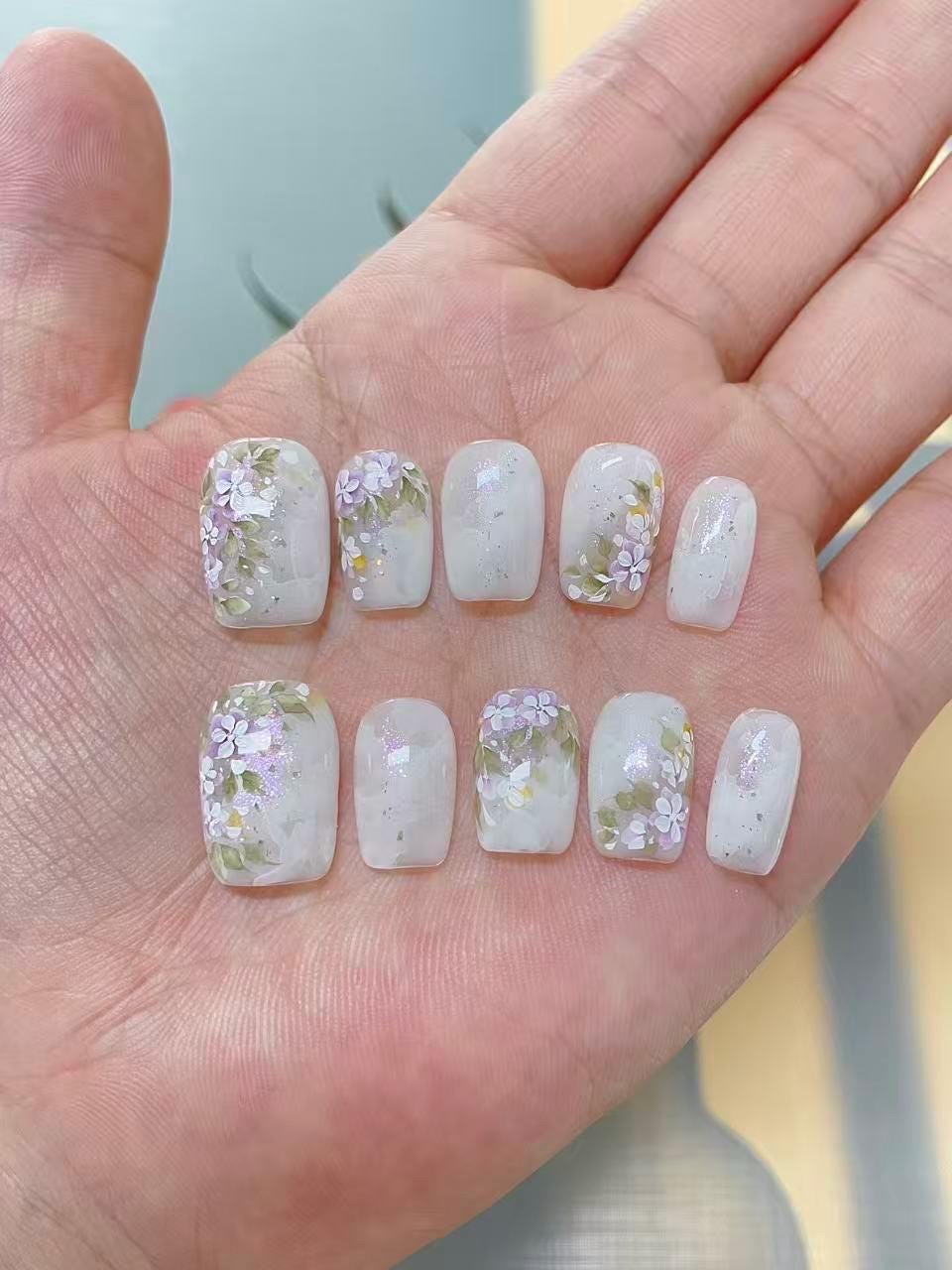 Handmade Watercolor Purple Flowers Press On Nails: Reusable Set