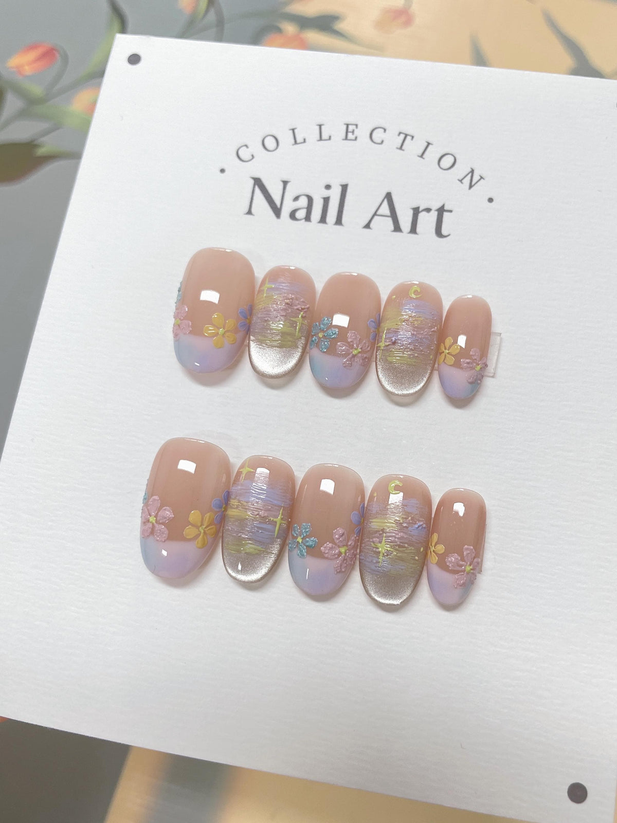 Hand Painted Flower Press On Nails: French Tip Reusable Faux Nails