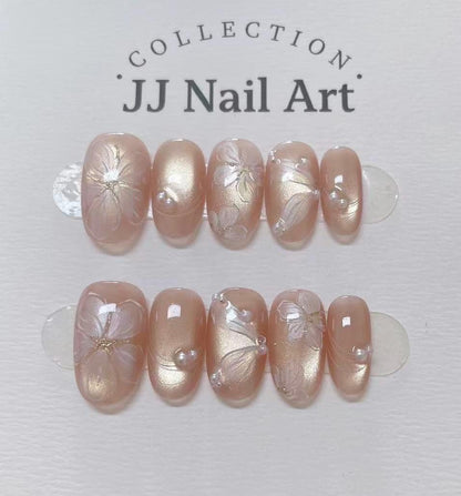 Handmade Romantic Petals Cat Eye Press On Nails: Custom Shape Reusable Set