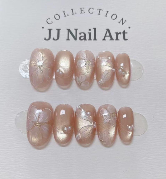 Handmade Romantic Petals Cat Eye Press On Nails: Custom Shape Reusable Set