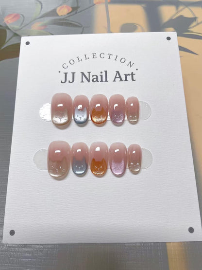 Colorful Cats Hand Painted Press On Nails: Custom Shape Reusable Nail Set