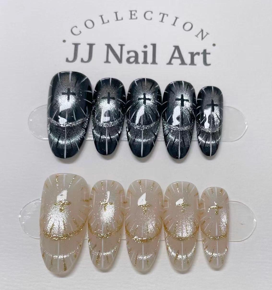 Custom Shape Press On Nails: Shining Cross Hand Painted, Reusable Fake Nails