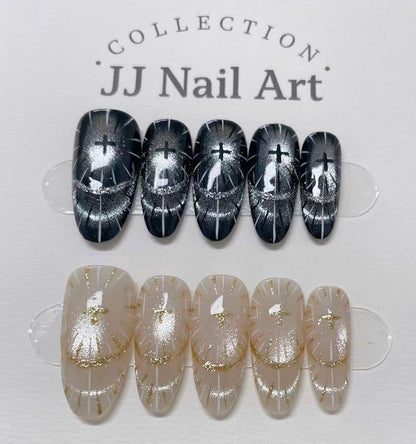 Custom Shape Press On Nails: Shining Cross Hand Painted, Reusable Fake Nails