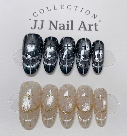 Custom Shape Press On Nails: Shining Cross Hand Painted, Reusable Fake Nails