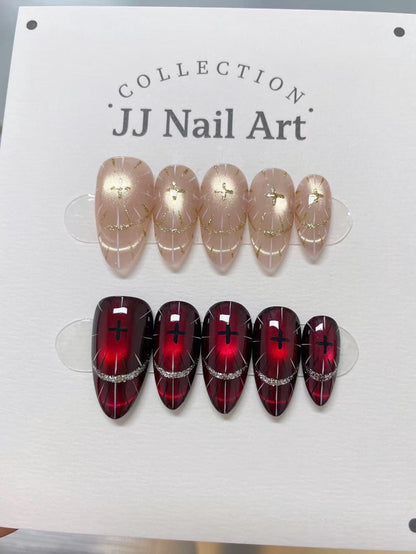 Hand Painted Press On Nails: Shinning across Red Reusable Custom Nail Shape