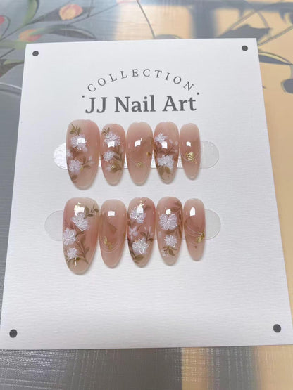 Hand-Painted Floral Press On Nails: Reusable Custom Shape Set