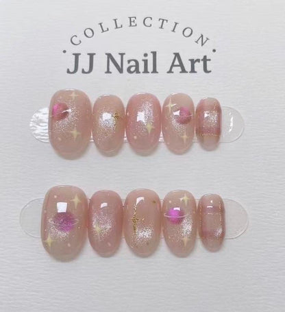 Handmade Pink Planet Cat Eye Press On Nails: Reusable Set