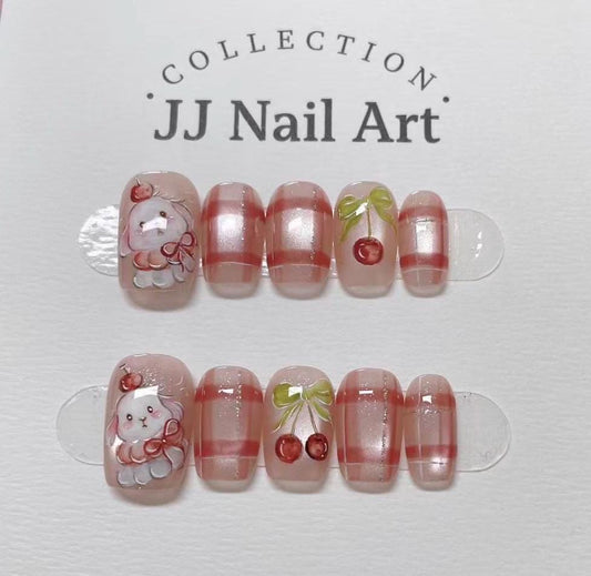 Handmade Bunny Cherries Press On Nails: Reusable Set