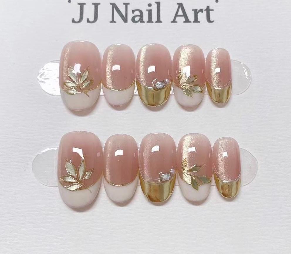 Gold Leaves French Press On Nails: Custom Shape Reusable Nail Set