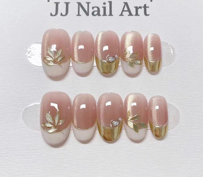 Gold Leaves French Press On Nails: Custom Shape Reusable Nail Set