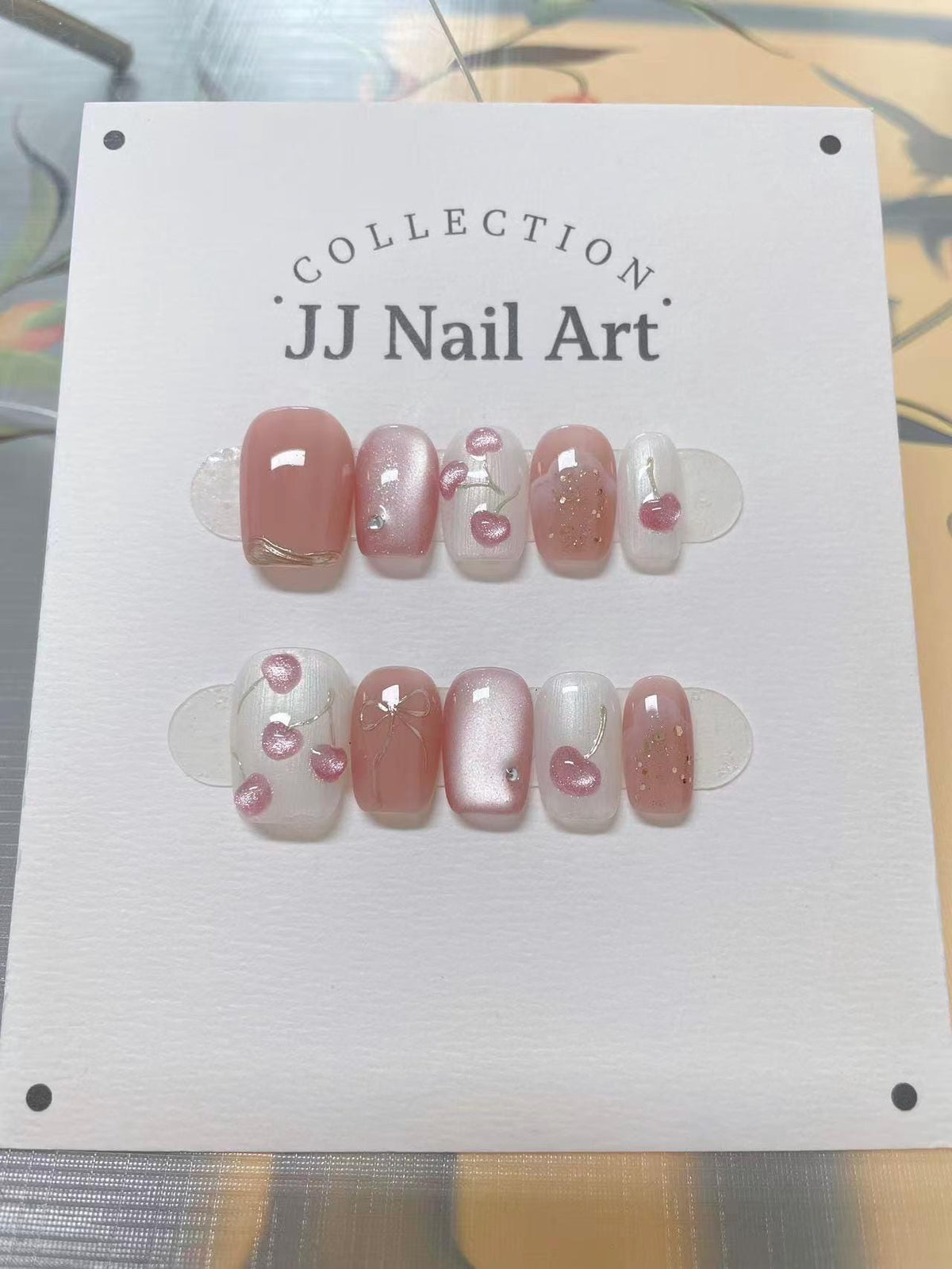 Handmade Pink Cat Eye Cherries Press On Nails: Reusable Nail Set