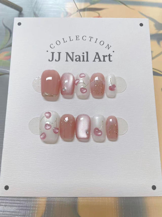 Handmade Pink Cat Eye Cherries Press On Nails: Reusable Nail Set