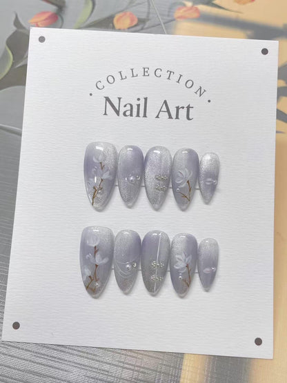 Hand Painted Press On Nails: White Orchards, Purple, Reusable