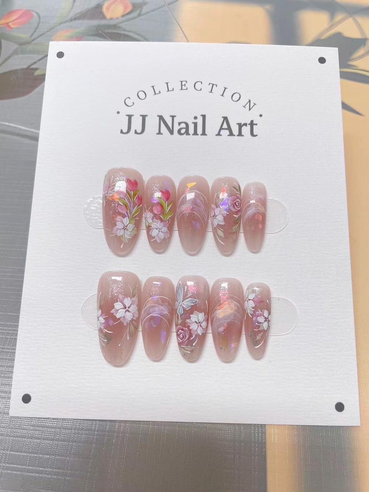 Hand Painted Flower Press On Nails: Reusable Artist Faux Nails