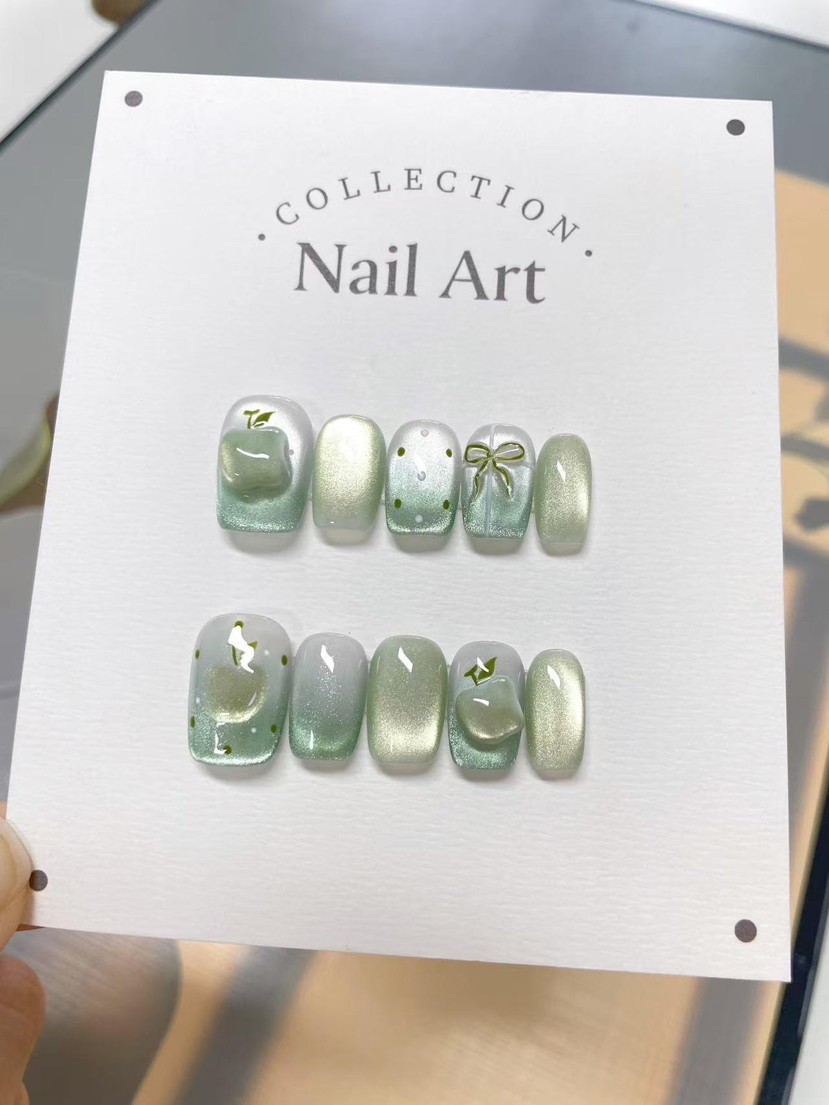 Green Apple Bow Tie Press On Nails: Handmade Reusable Faux Nails