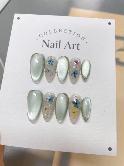 Hand Painted Press On Nails: Summer Fields Floral Reusable Faux Nails