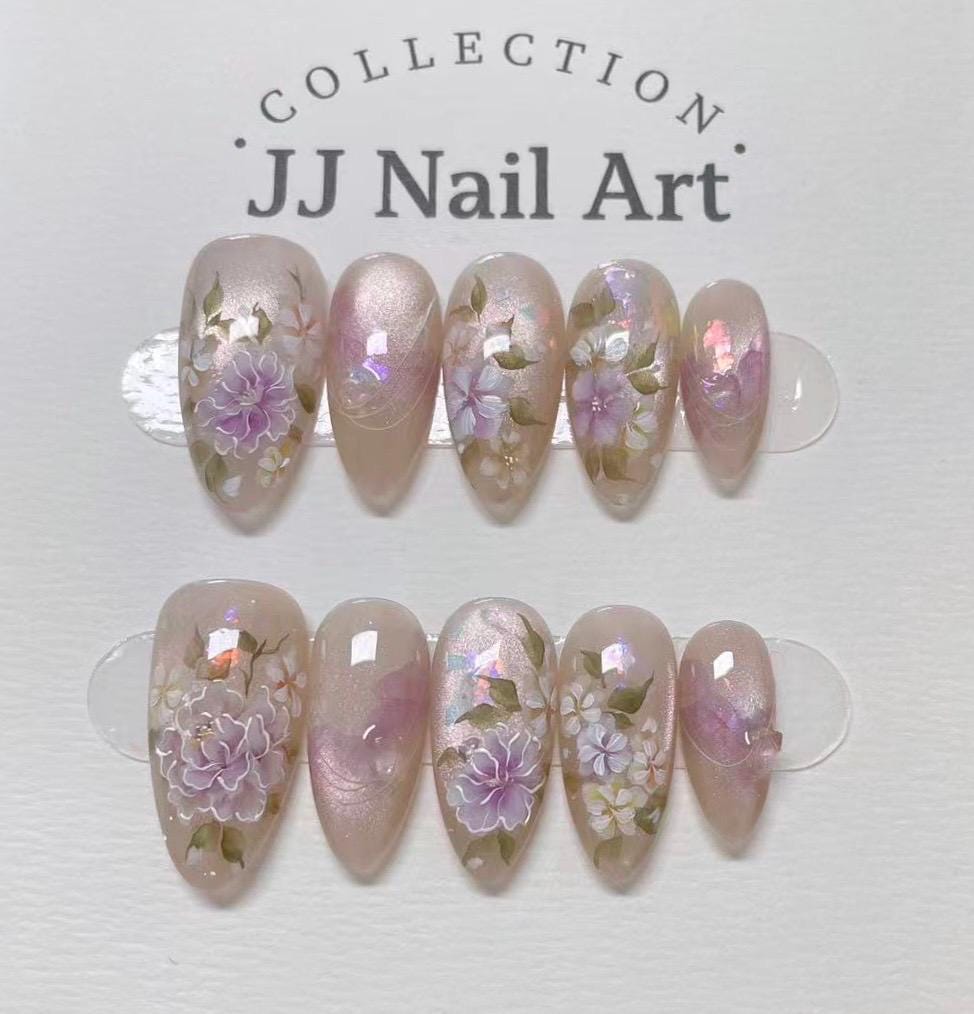 Handmade Purple Blooming Florals Press On Nails: Reusable Set