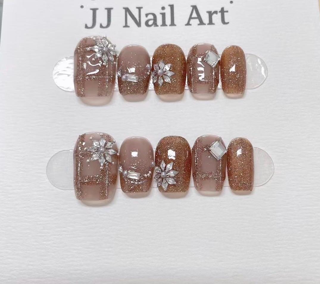 Gem Stones Brown Hand Painted Press On Nails: Custom Shape Reusable Nail Set