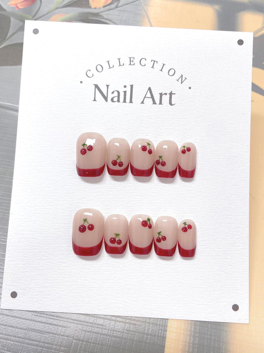 Hand Painted Cherry French Press On Nails: Reusable Artist Faux Nails