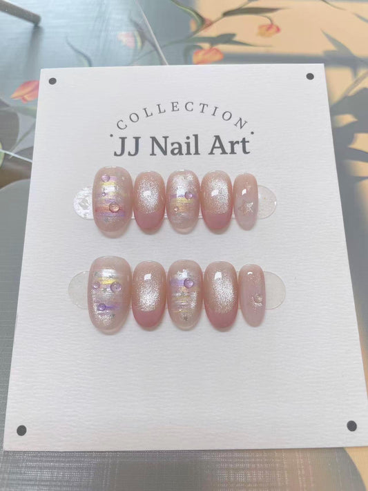Handmade Pink French Cat Eye Petals  Press On Nails: Floral French Reusable Set