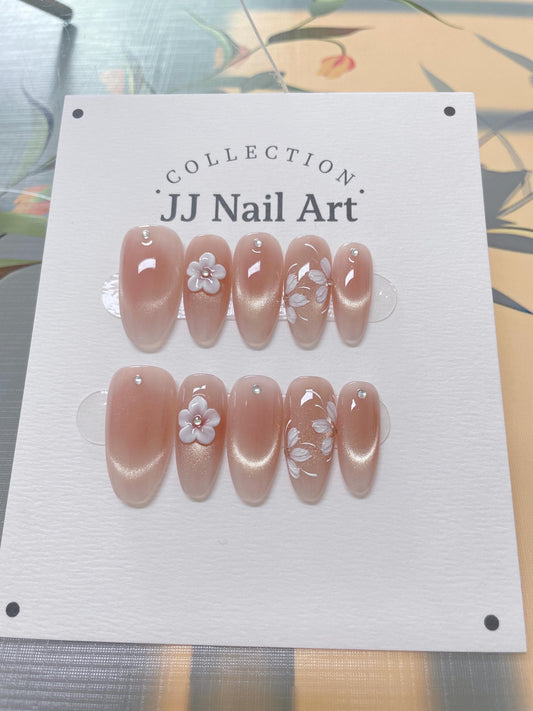 White Cat Eye Floral Press On Nails: Reusable Custom Shape Set