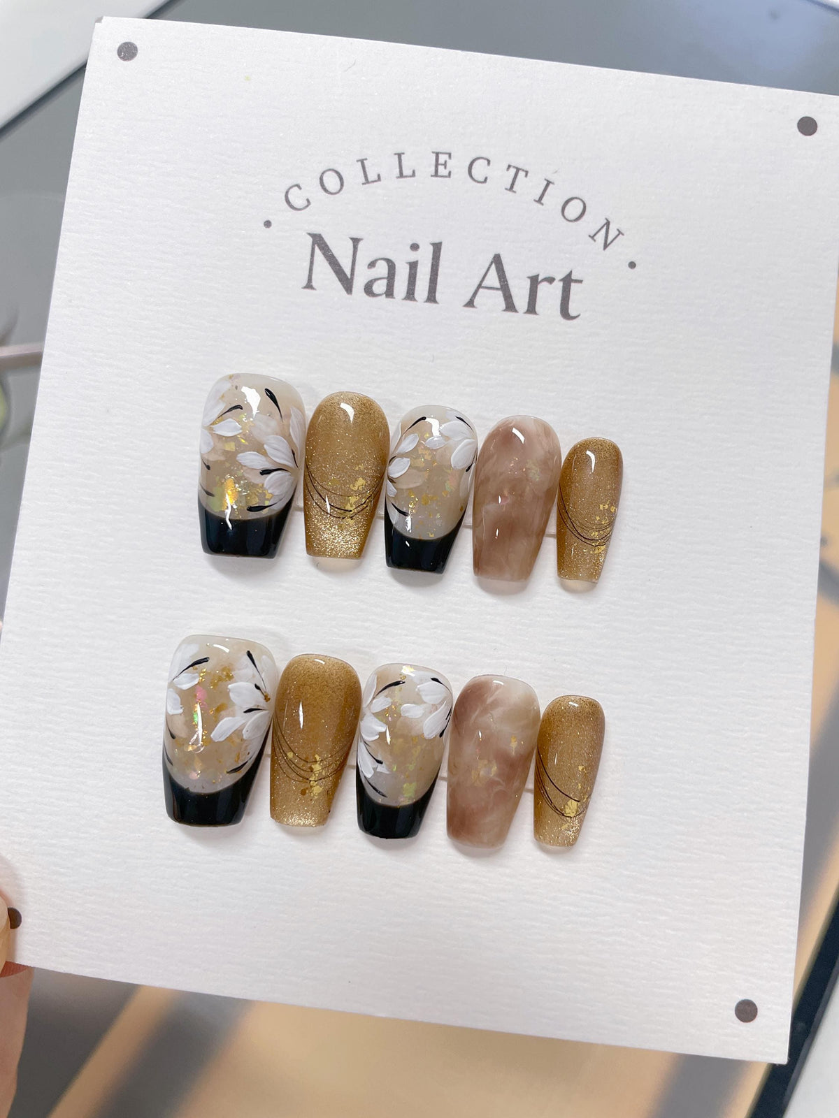 Hand Painted Press On Nails: White Petals, Black French Tip, Reusable Faux Nails