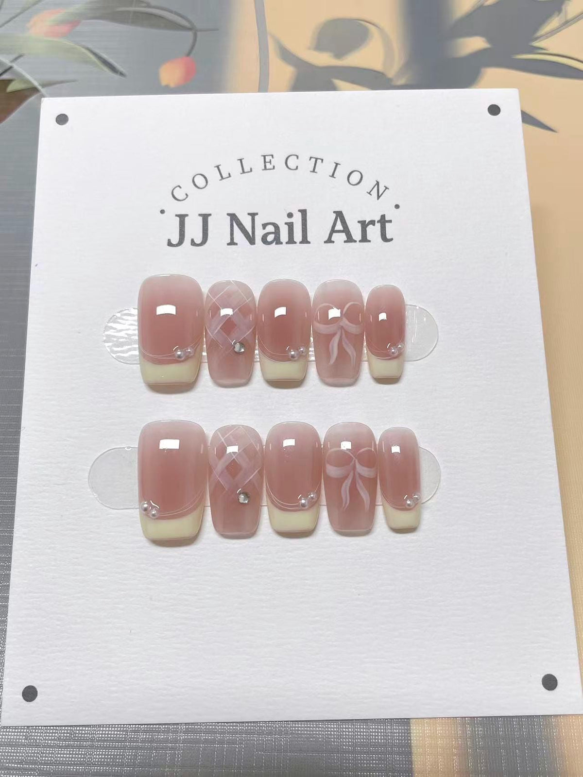 Bow Tie French Hand Painted Press On Nails: Custom Shape Reusable Nail Set