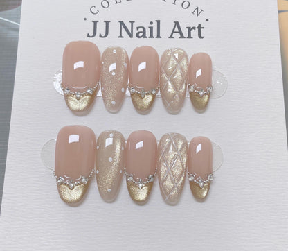Gold Cat Eye French Press On Nails: Reusable Custom Shape Set