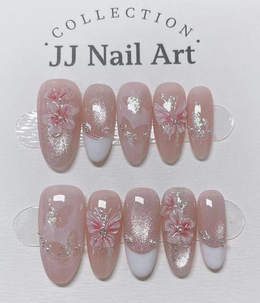3D Butterflies Petals French Press On Nails: Hand Painted Reusable Fake Nails