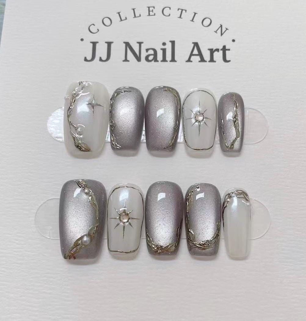 Handmade Grey Cat Eye Press On Nails: Reusable Set