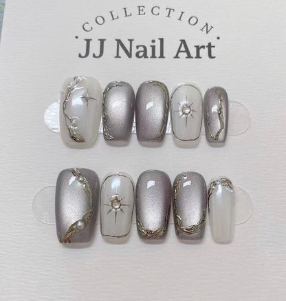 Handmade Grey Cat Eye Press On Nails: Reusable Set