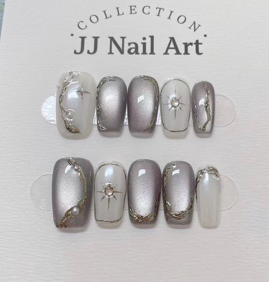 Handmade Grey Cat Eye Press On Nails: Reusable Set