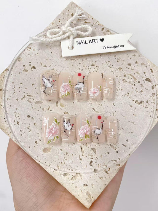 Hand Painted Crane Flower Press On Nails, Reusable Custom Nail Shape