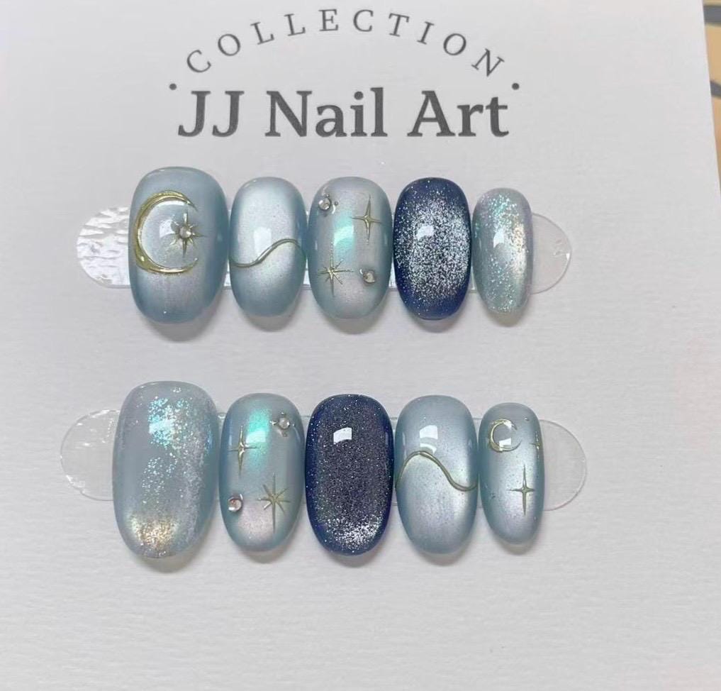 Sky Blue Handmade Press On Nails: Custom Shape Reusable Set