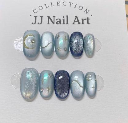 Sky Blue Handmade Press On Nails: Custom Shape Reusable Set