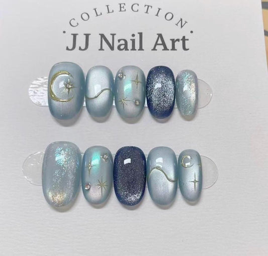 Sky Blue Handmade Press On Nails: Custom Shape Reusable Set