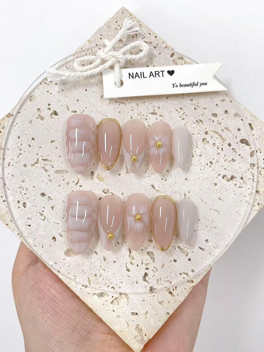 Hand Painted Nude Petal Press On Nails, Reusable Fake Nails