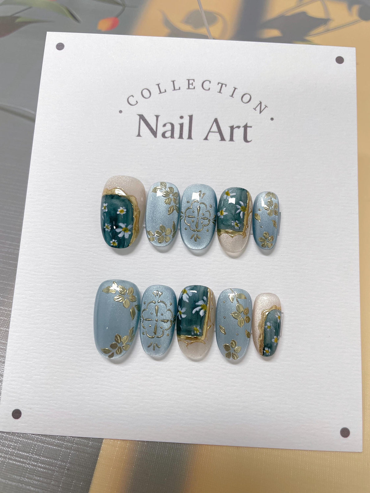 Vintage Floral Blue Cat Eye Press On Nails: Hand-Painted Reusable Faux Nails