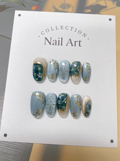 Vintage Floral Blue Cat Eye Press On Nails: Hand-Painted Reusable Faux Nails