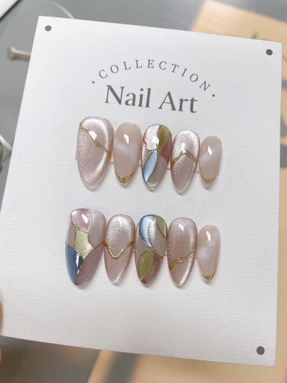 Stained Glass Cat Eye Press On Nails: Hand Painted Reusable Faux Nails