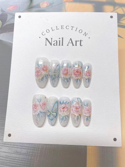 Hand Painted Peony Butterfly Press On Nails, Reusable Faux Nails