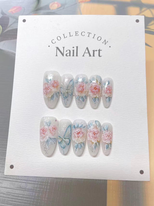 Hand Painted Peony Butterfly Press On Nails, Reusable Faux Nails
