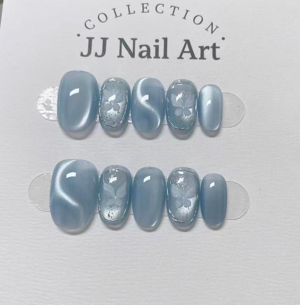 Ocean Blue Cat Eye Press On Nails: Custom Shape Reusable Set